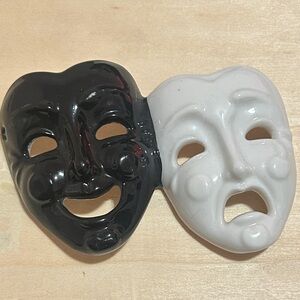 Black and White Ceramic Comedy Tragedy Mask/Wall Accent Smile Now/Cry Later